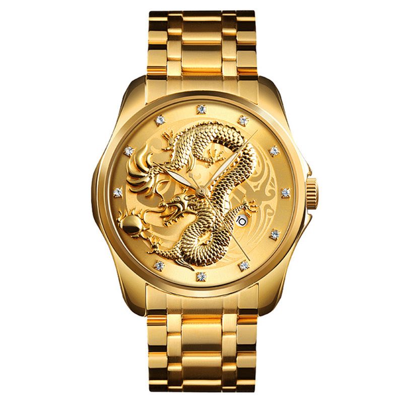 9193 Luxe Dragon Chinois Motif Doré Étanche Hommes Montre À Quartz Montre