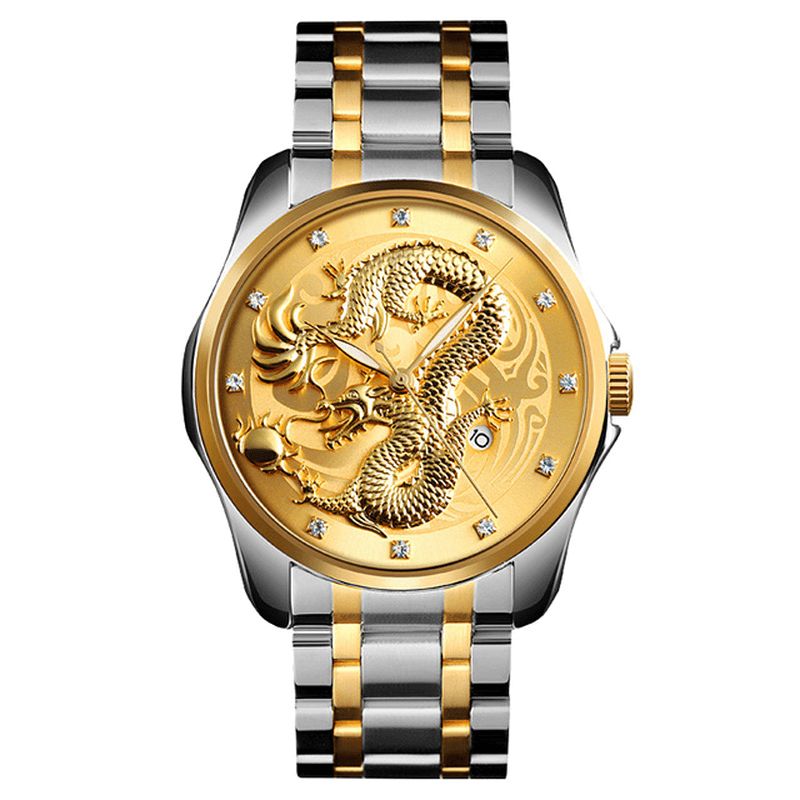 9193 Luxe Dragon Chinois Motif Doré Étanche Hommes Montre À Quartz Montre