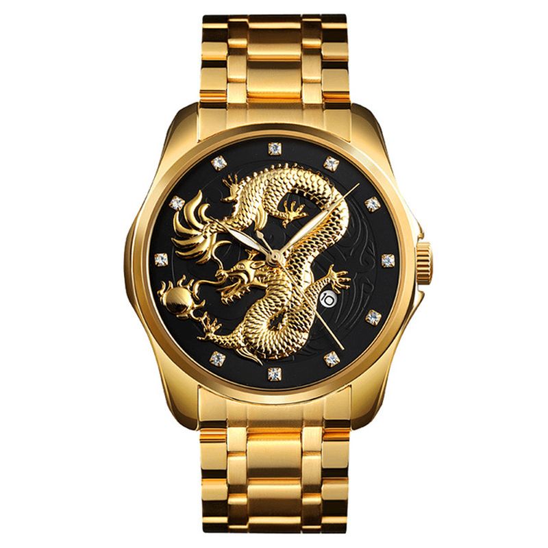 9193 Luxe Dragon Chinois Motif Doré Étanche Hommes Montre À Quartz Montre