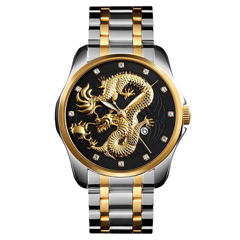 9193 Luxe Dragon Chinois Motif Doré Étanche Hommes Montre À Quartz Montre