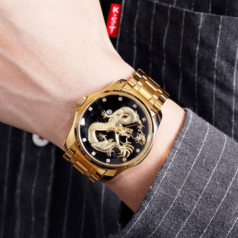 9193 Luxe Dragon Chinois Motif Doré Étanche Hommes Montre À Quartz Montre