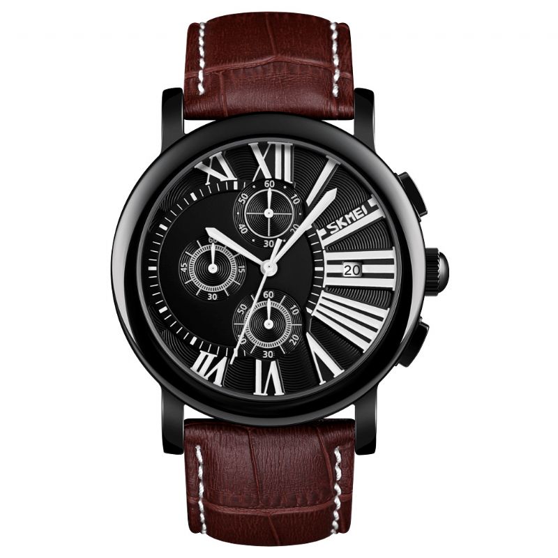 9196 Hommes Mode Bracelet En Cuir Chronomètre Affichage De La Date Chiffres Romains Sport Montre À Quartz