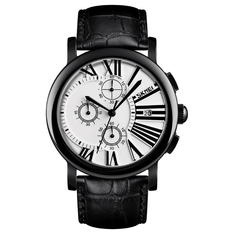 9196 Hommes Mode Bracelet En Cuir Chronomètre Affichage De La Date Chiffres Romains Sport Montre À Quartz