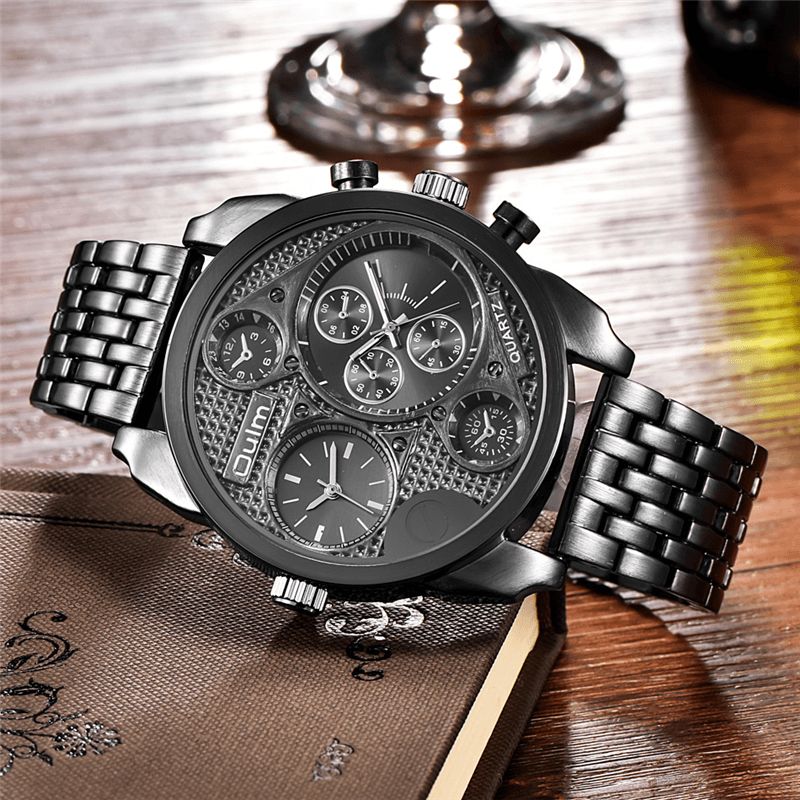 9316 Business Style Full Steel Hommes Montre-bracelet Double Fuseaux Horaires Montre À Quartz