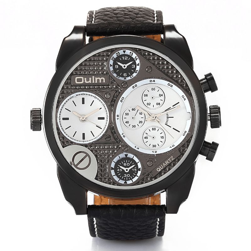 9316 Vintage Mode Hommes Montre Grand Cadran Double Fuseau Horaire Étanche Bracelet En Cuir Montre À Quartz