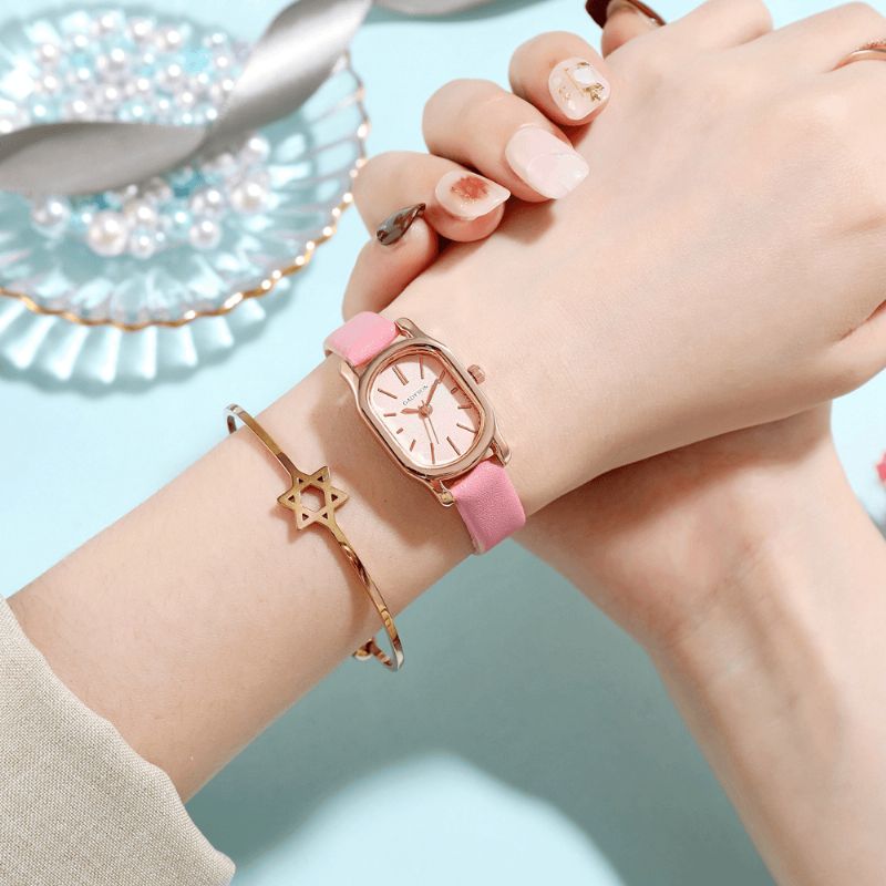 A0q16 Ovale Petit Cadran Femmes Montre-bracelet Pu Bracelet En Cuir Montre À Quartz