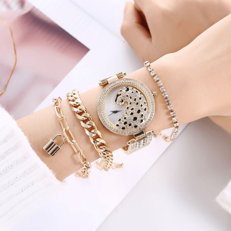 Alliage 4 Pcs Business Animal Simple Grand Cadran Acier Bande Vie Étanche Quartz Montre Bracelet Ensemble