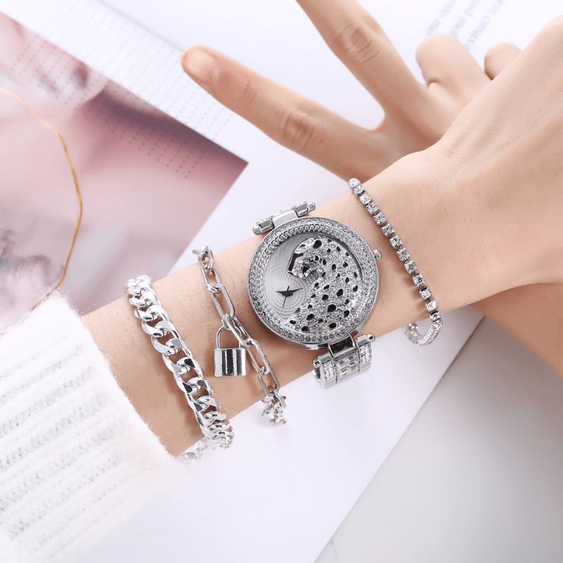 Alliage 4 Pcs Business Animal Simple Grand Cadran Acier Bande Vie Étanche Quartz Montre Bracelet Ensemble