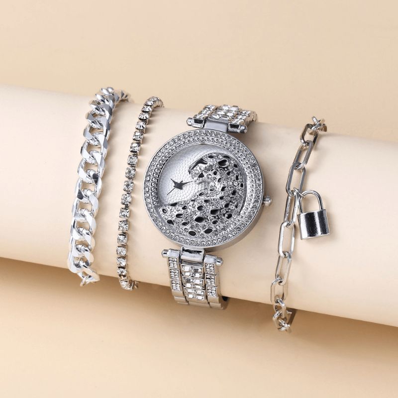 Alliage 4 Pcs Business Animal Simple Grand Cadran Acier Bande Vie Étanche Quartz Montre Bracelet Ensemble