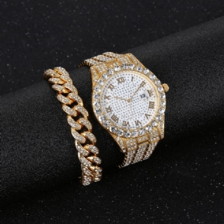 Alliage Hip Hop Luxe 2 Pcs Hip-hop Chaîne Plein Diamant Montre Bracelet Dame Montre À Quartz