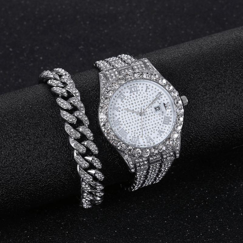 Alliage Hip Hop Luxe 2 Pcs Hip-hop Chaîne Plein Diamant Montre Bracelet Dame Montre À Quartz