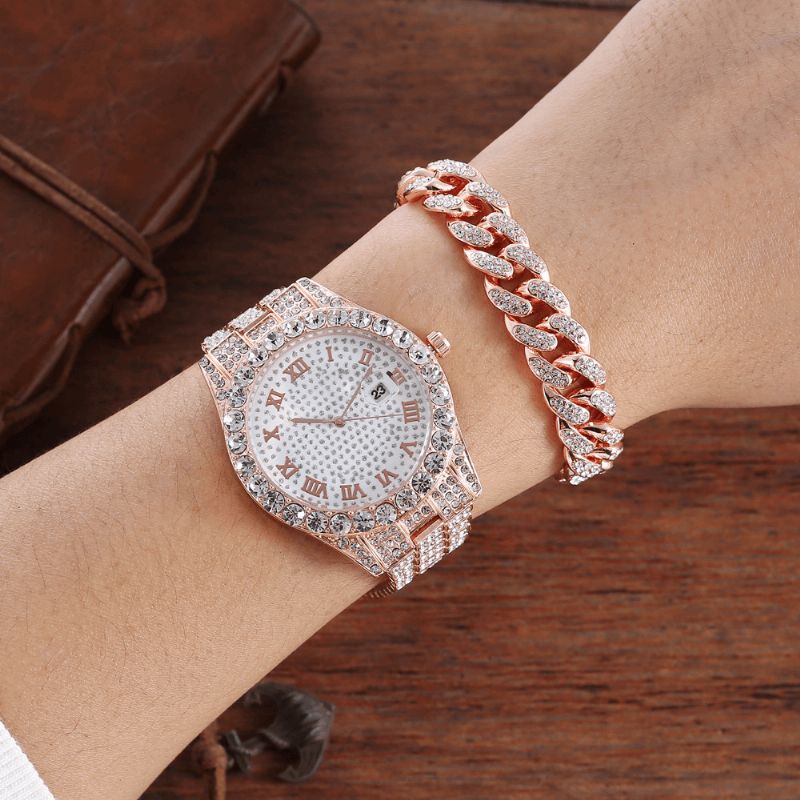 Alliage Hip Hop Luxe 2 Pcs Hip-hop Chaîne Plein Diamant Montre Bracelet Dame Montre À Quartz