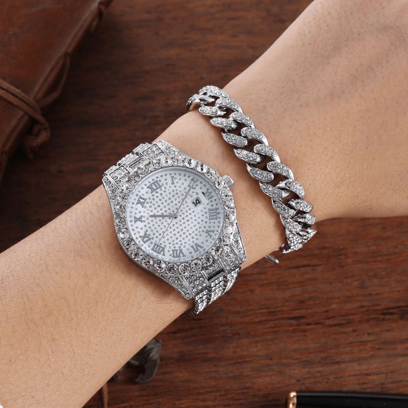 Alliage Hip Hop Luxe 2 Pcs Hip-hop Chaîne Plein Diamant Montre Bracelet Dame Montre À Quartz