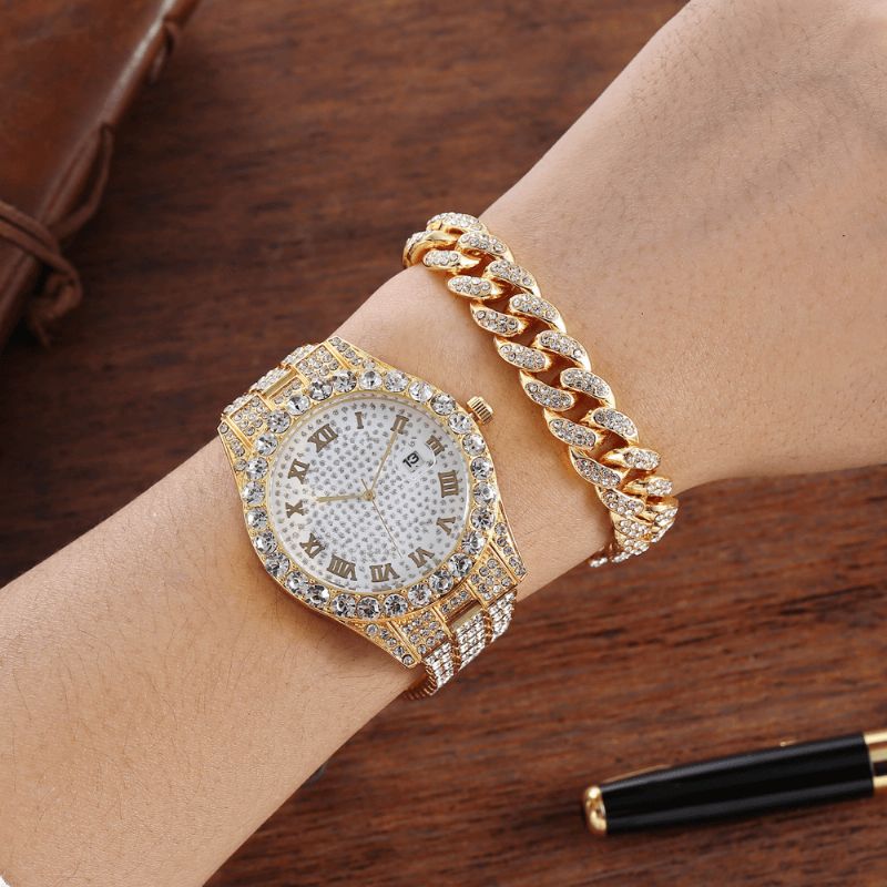 Alliage Hip Hop Luxe 2 Pcs Hip-hop Chaîne Plein Diamant Montre Bracelet Dame Montre À Quartz