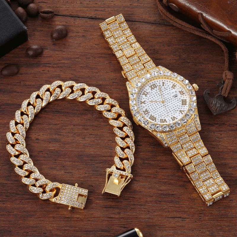 Alliage Hip Hop Luxe 2 Pcs Hip-hop Chaîne Plein Diamant Montre Bracelet Dame Montre À Quartz