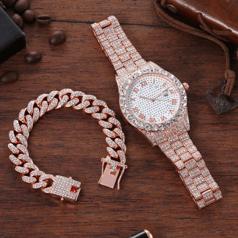 Alliage Hip Hop Luxe 2 Pcs Hip-hop Chaîne Plein Diamant Montre Bracelet Dame Montre À Quartz