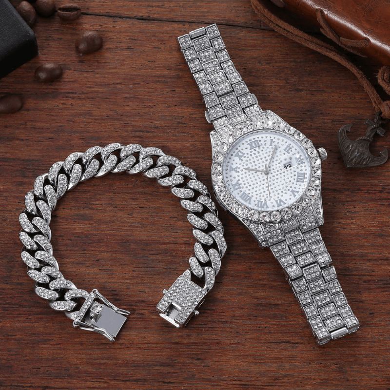 Alliage Hip Hop Luxe 2 Pcs Hip-hop Chaîne Plein Diamant Montre Bracelet Dame Montre À Quartz