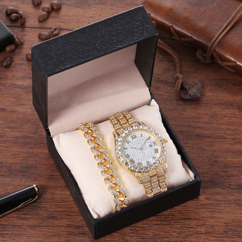 Alliage Hip Hop Luxe 2 Pcs Hip-hop Chaîne Plein Diamant Montre Bracelet Dame Montre À Quartz