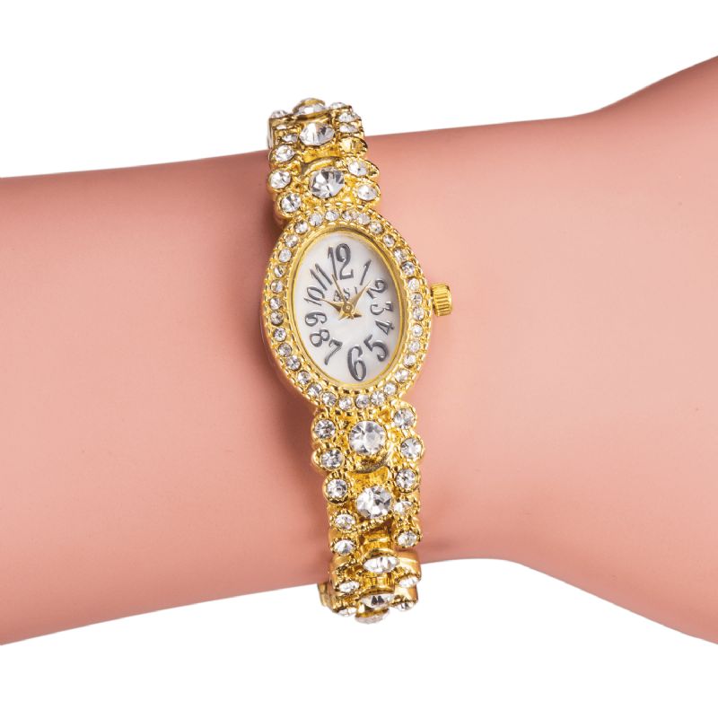 Asj Luxe Délicat Avec Diamants Cadran Ovale Femmes Étanche Bracelet En Acier Inoxydable Montre À Quartz