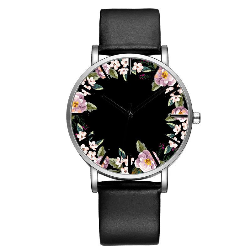 B-9014 Montre-bracelet Unisexe Fleur Image Cadran Affichage Montre À Quartz