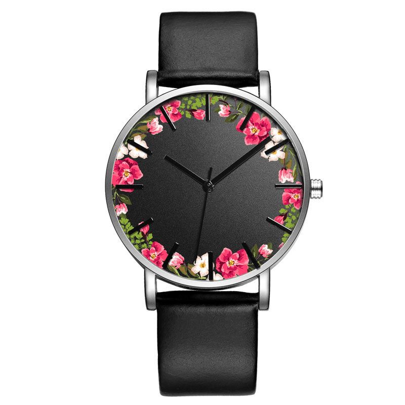 B-9014 Montre-bracelet Unisexe Fleur Image Cadran Affichage Montre À Quartz