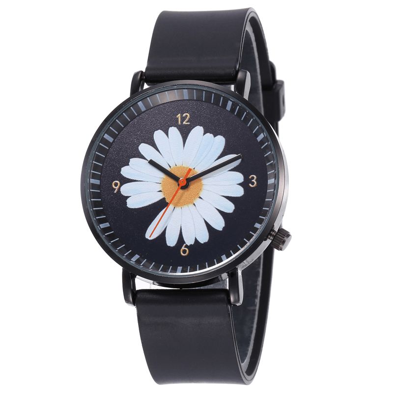 B0108 Mode Femmes Mignonnes Montres Grand Cadran À Trois Aiguilles Noir Trois Dimensions Petite Marguerite Montre À Quartz