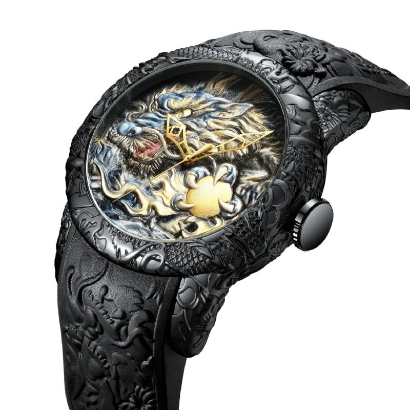 Bd129 Rétro Dragon Style Chinois Hommes Montre-bracelet Étanche Silicone Bande Montre À Quartz