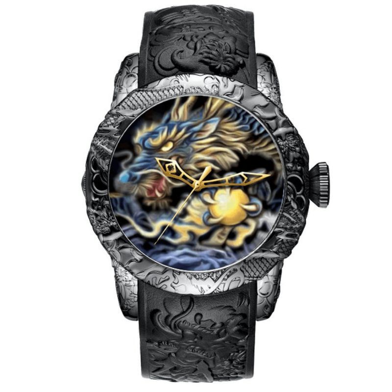 Bd129 Rétro Dragon Style Chinois Hommes Montre-bracelet Étanche Silicone Bande Montre À Quartz