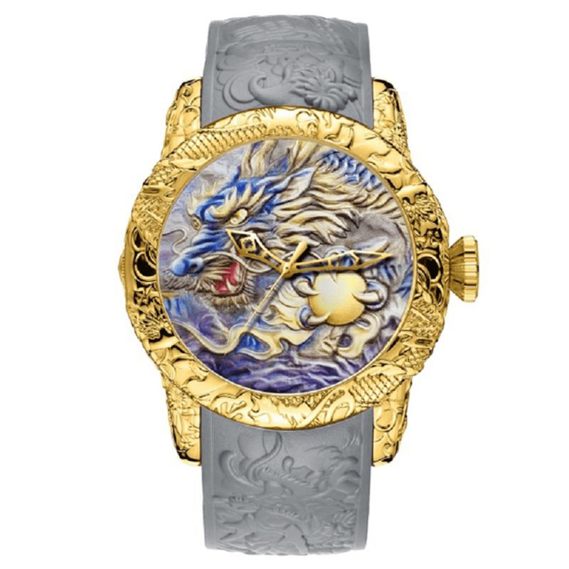 Bd129 Rétro Dragon Style Chinois Hommes Montre-bracelet Étanche Silicone Bande Montre À Quartz