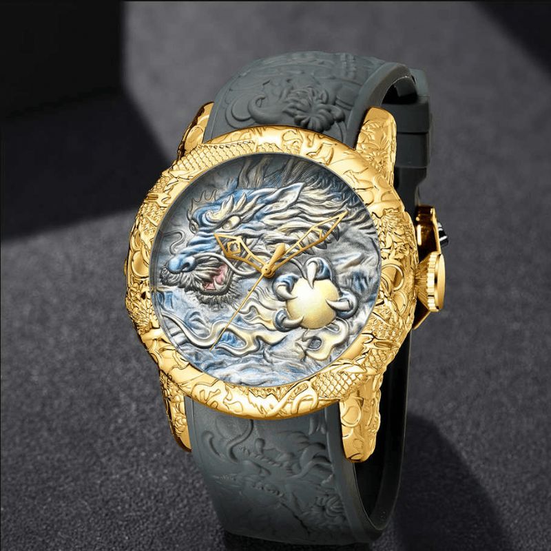 Bd129 Rétro Dragon Style Chinois Hommes Montre-bracelet Étanche Silicone Bande Montre À Quartz