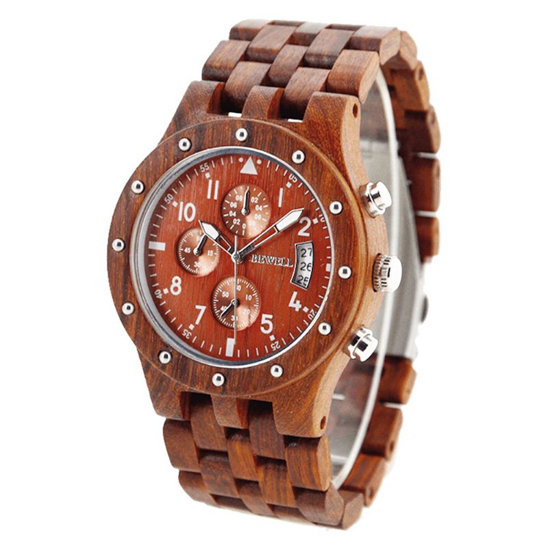 Bewell Montre-bracelet En Bois Multifonction Affichage De La Date Créative Montre À Quartz Pour Hommes