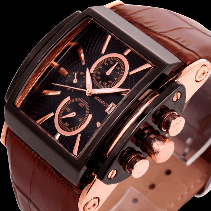 Boamigo 2098 Rétro Petite Montre Carrée Calendrier Hommes Étanche Bracelet En Cuir Montre À Quartz