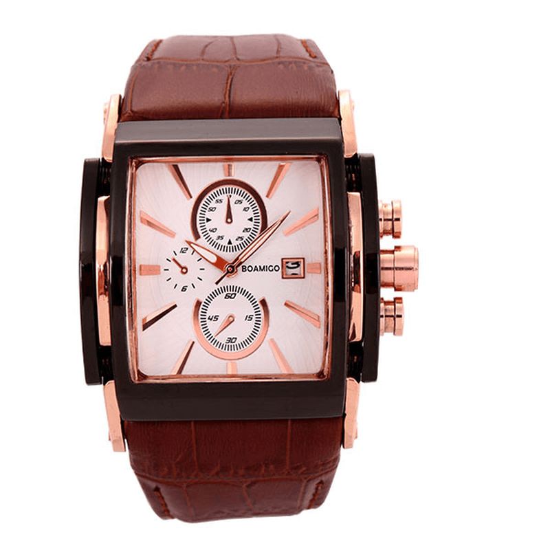 Boamigo 2098 Rétro Petite Montre Carrée Calendrier Hommes Étanche Bracelet En Cuir Montre À Quartz