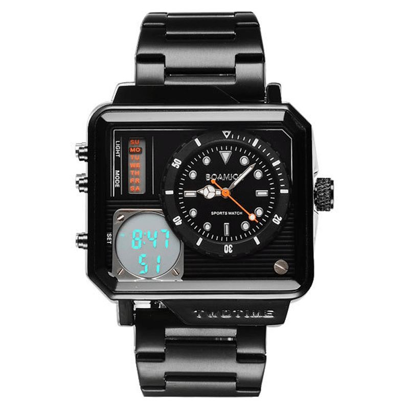 Boamigo F930 Montre Numérique Pour Hommes Créatifs Grand Cadran Double Fuseau Horaire Lumière Led Affichage De La Semaine De La Date Bracelet En Acier Inoxydable Montre À Double Affichage