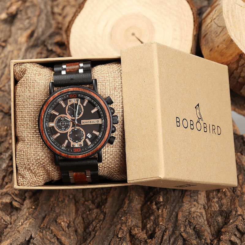 Bobo Bird S18-1 Hommes En Bois Lumineux Main Affichage De La Date Montres-bracelets Montre À Quartz