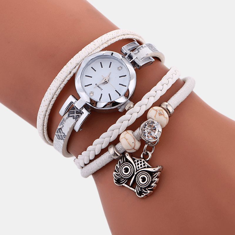 Bohème Mignon Hibou Bracelet En Cuir Montre Ethnique Métal Strass Multi-couche Poignet Montres