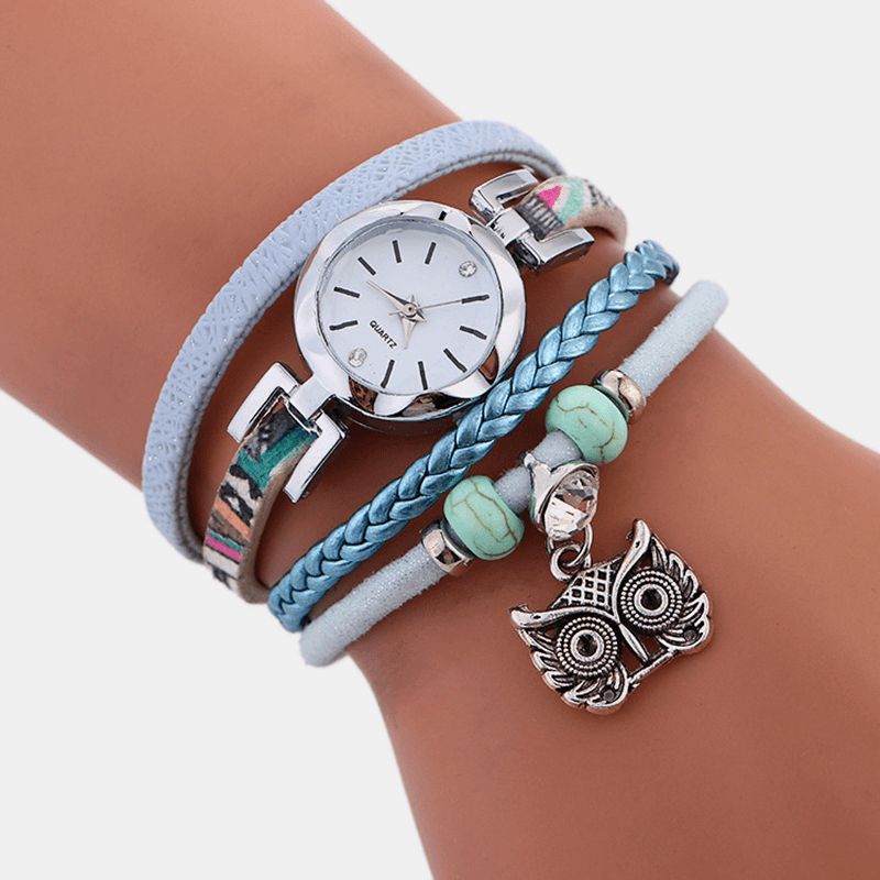 Bohème Mignon Hibou Bracelet En Cuir Montre Ethnique Métal Strass Multi-couche Poignet Montres