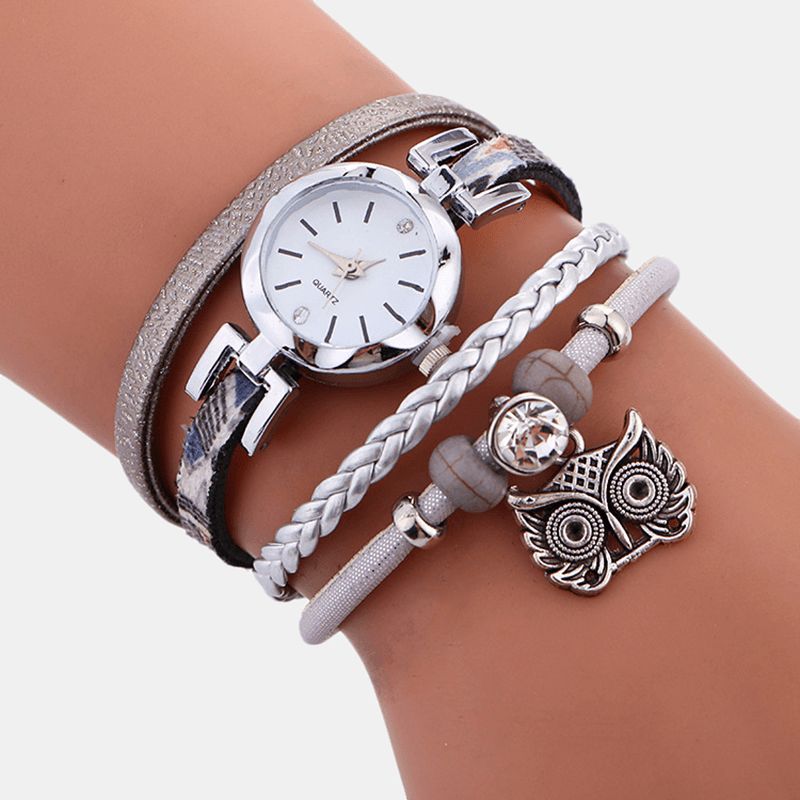 Bohème Mignon Hibou Bracelet En Cuir Montre Ethnique Métal Strass Multi-couche Poignet Montres