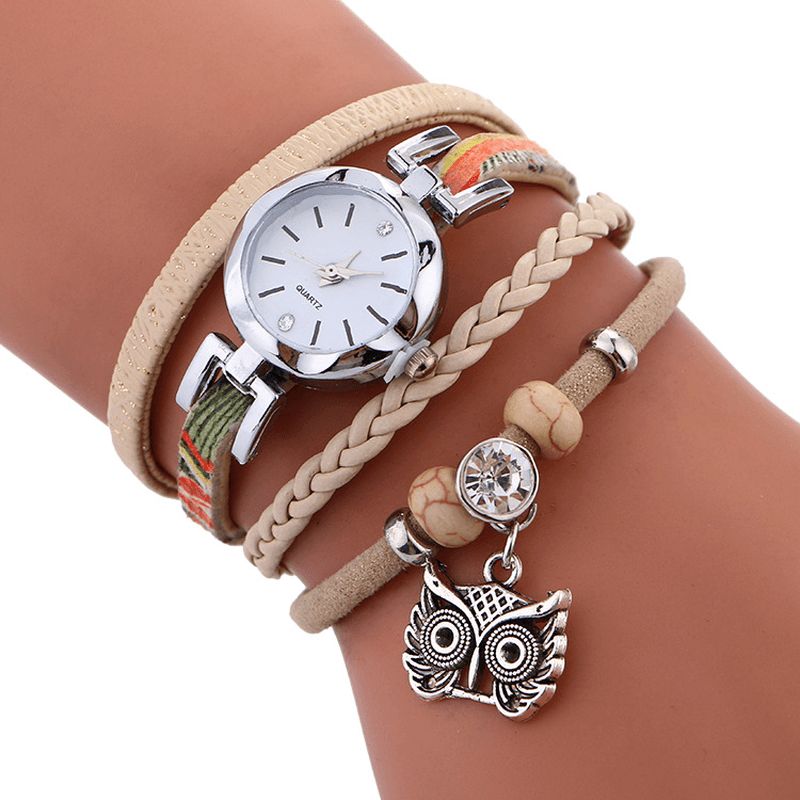 Bohème Mignon Hibou Bracelet En Cuir Montre Ethnique Métal Strass Multi-couche Poignet Montres