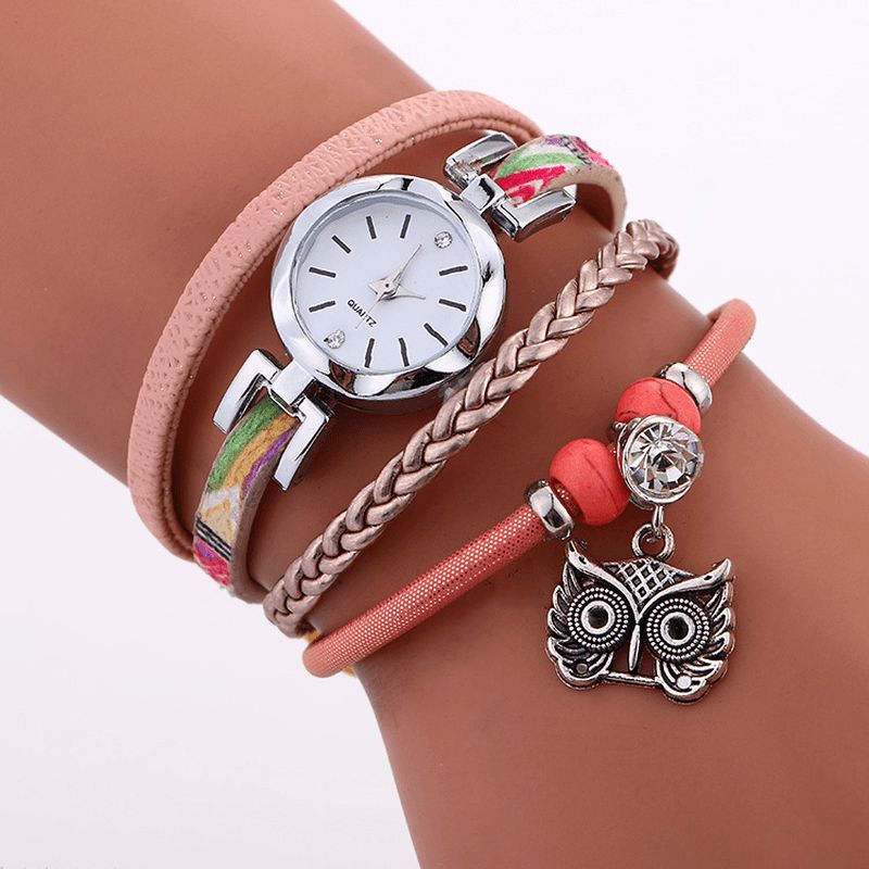 Bohème Mignon Hibou Bracelet En Cuir Montre Ethnique Métal Strass Multi-couche Poignet Montres