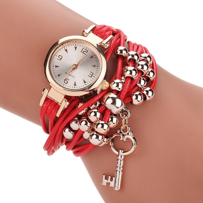 Boîtier En Or Bracelet En Cuir Coloré Avec Perles Robe Pour Femme Bracelet Pour Femme Montre À Quartz