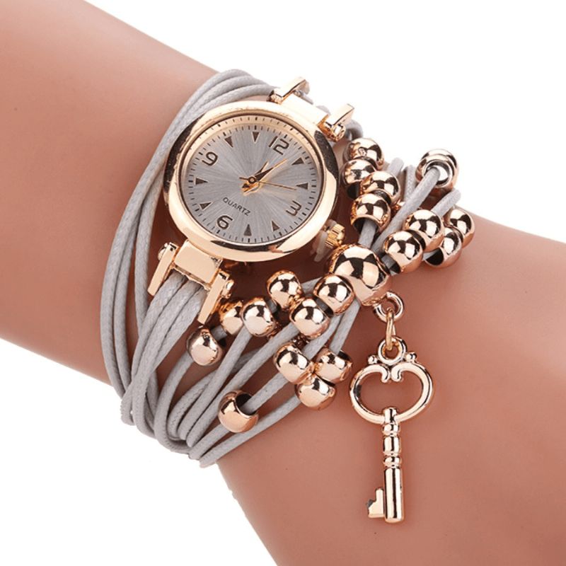 Boîtier En Or Bracelet En Cuir Coloré Avec Perles Robe Pour Femme Bracelet Pour Femme Montre À Quartz