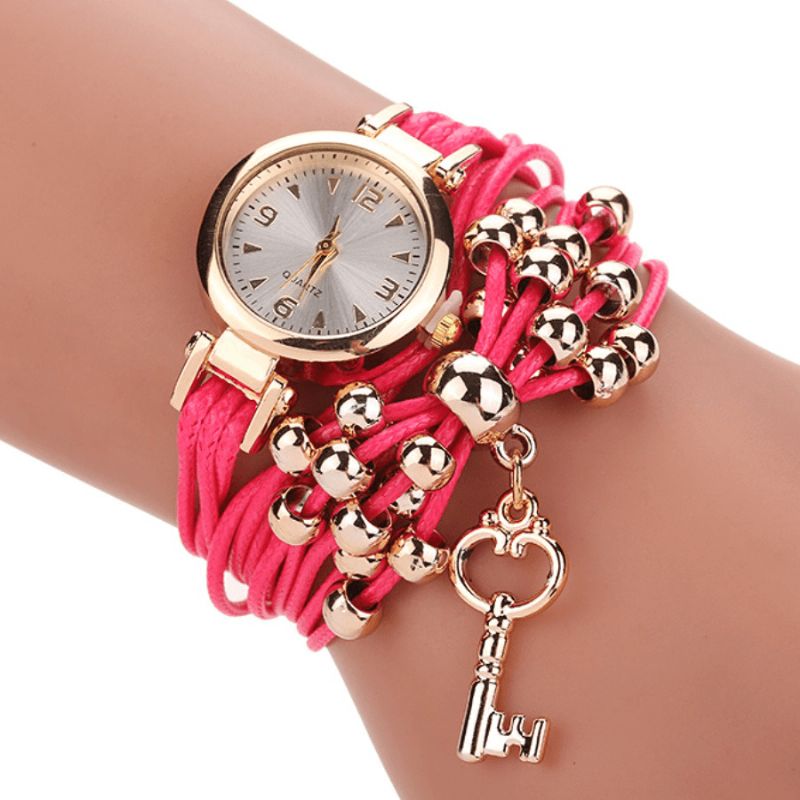 Boîtier En Or Bracelet En Cuir Coloré Avec Perles Robe Pour Femme Bracelet Pour Femme Montre À Quartz