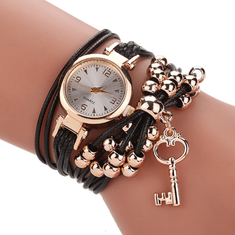 Boîtier En Or Bracelet En Cuir Coloré Avec Perles Robe Pour Femme Bracelet Pour Femme Montre À Quartz