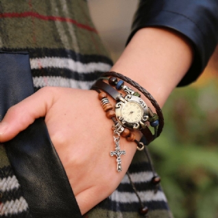 Bracelet De Montre En Cuir De Vachette Vintage Avec Pendentif Croix Perlée Bracelet De Montre En Cuir Pour Femme