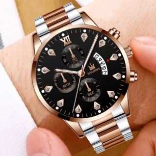 Business Casual Avec Calendrier Incrusté De Strass Cadran Bracelet En Acier Montre À Quartz Pour Homme