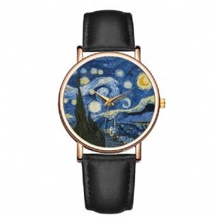 Casual Art Impressionniste Peinture Cadran Pu Bracelet En Cuir Hommes Montre À Quartz