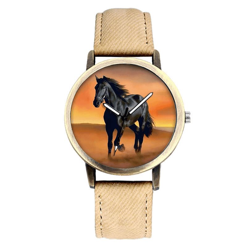 Casual Black Horse Desert Dial All-match Denim Strap Hommes Montre À Quartz Montre-bracelet