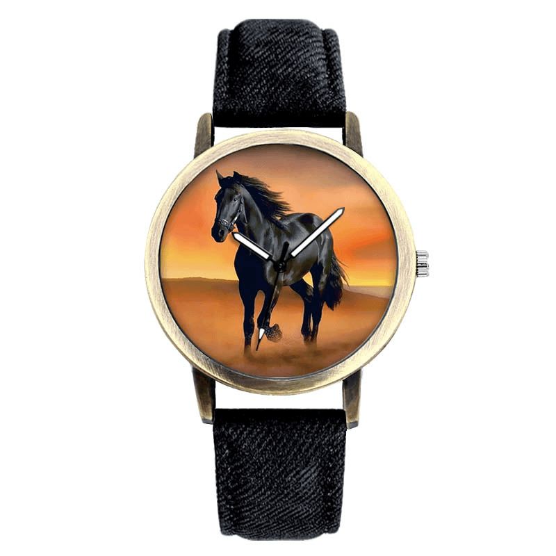 Casual Black Horse Desert Dial All-match Denim Strap Hommes Montre À Quartz Montre-bracelet