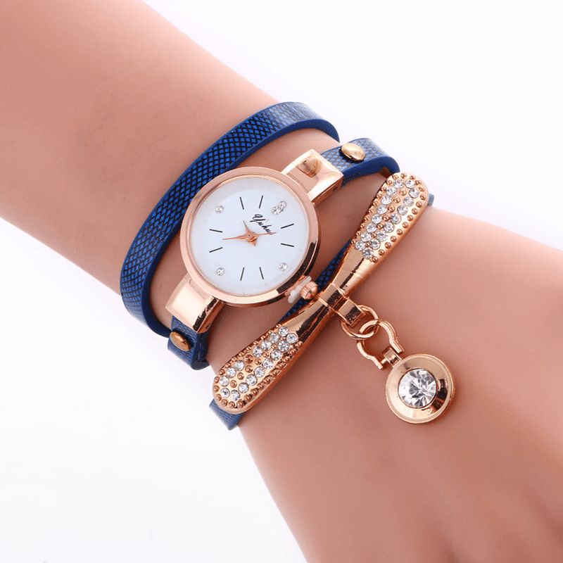 Casual Femmes Montre Bracelet En Cuir Strass Métal Décoratif Cercle Pendentif Multi-couche Quartz Montre